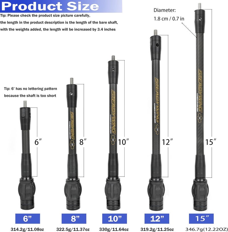 limaity Bow Stabilizer for Compound Bow 6" 8" 10" 12" 15" Archery 3k Carbon Balance Bar Absorber with Weights Absorption for Bow Hunting Shooting - Image 2